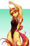  2019 absurd_res anthro arms_above_head blue_eyes breasts clothed clothing cutie_mark digital_media_(artwork) equestria_girls equine eyelashes female hair hi_res horn long_hair looking_at_viewer mammal multicolored_hair multicolored_tail my_little_pony mykegreywolf one-piece_swimsuit solo sunset_shimmer_(eg) swimsuit two_tone_hair unicorn 