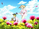  1girl arnold_(jojo) bad_id bad_pixiv_id black_hair brown_hair cloud day dog dress field flower flower_field from_side hairband headband holding holding_flower jojo_no_kimyou_na_bouken kishibe_rohan monoheiya outdoors petals short_dress short_hair sitting sky sparkle standing sugimoto_reimi thistle wind 