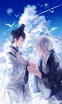  artist_name bird black_hair blue blue_sky child cloud cloudy_sky copyright_name day ebisu_(noragami) grass highres holding_hands instocklee iwami_(noragami) japanese_clothes long_hair md5_mismatch multiple_boys noragami outdoors ribbon-trimmed_sleeves ribbon_trim short_hair sky white_hair younger 