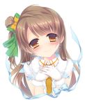  amamine bad_id bad_pixiv_id bow brown_eyes brown_hair close-up gloves hair_bow hair_ribbon hands_on_own_chest hands_together long_hair looking_at_viewer love_live! love_live!_school_idol_project minami_kotori ribbon simple_background smile snow_halation solo white_background white_gloves 