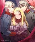  1girl aki_(neyuki41028) aldnoah.zero asseylum_vers_allusia bare_shoulders blonde_hair covering_eyes dual_persona hand_on_another's_face jewelry long_hair midriff military military_uniform pendant short_hair slaine_troyard tears uniform 