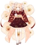  :d animal_ears brown_eyes brown_hair cat_ears flower hair_ornament hanamura_mai highres japanese_clothes kimono kimono_skirt lolita_fashion looking_at_viewer open_mouth original pantyhose short_hair smile solo wa_lolita white_legwear wide_sleeves 