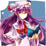  ascot bespectacled book capelet coat crescent dress glasses hair_ribbon kutsuki_kai long_hair long_sleeves looking_at_viewer open_clothes open_coat patchouli_knowledge purple_eyes purple_hair reading red-framed_eyewear ribbon solo striped striped_dress touhou tress_ribbon very_long_hair wide_sleeves 