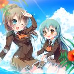  :d ;d amamine ascot bad_id bad_pixiv_id blue_eyes blue_sky blurry brown_eyes brown_hair cloud cowboy_shot day depth_of_field dutch_angle flower green_hair hair_ornament hairclip horizon kantai_collection kumano_(kantai_collection) long_hair looking_at_viewer multiple_girls one_eye_closed open_mouth outdoors ponytail school_uniform sky smile suzuya_(kantai_collection) wading water 
