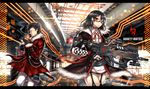  1girl black_hair cigarette garter_straps gia glasses gun highres long_hair original red_eyes short_hair smoking sword thighhighs weapon 