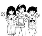  bad_id bad_pixiv_id blush girls_und_panzer gotou_moyoko greyscale hand_on_hip headdress konparu_nozomi looking_at_viewer monochrome multiple_girls nightgown open_mouth pajamas sae_(saearito03) shirt short_hair shorts side_ponytail smile sono_midoriko standing 