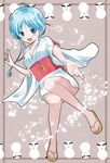  azumawari_(azumofu) bare_legs blue_eyes blue_hair blush feet fingers hands japanese_clothes jigoku_sensei_nube kimono obi palms sandals sash short_kimono snow snowman solo tied_hair toenails toes waraji yukime_(jigoku_sensei_nube) 