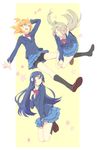  blazer blue_eyes blue_hair brown_hair closed_eyes falling jacket karuha kousaka_honoka long_hair love_live! love_live!_school_idol_project minami_kotori multiple_girls one_side_up orange_hair otonokizaka_school_uniform school_uniform skirt smile sonoda_umi star yellow_eyes 