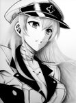 akame_ga_kill! breasts cleavage esdeath graphite_(medium) greyscale hair_between_eyes hat highres large_breasts long_hair military military_uniform monochrome names76 parted_lips peaked_cap solo traditional_media uniform 