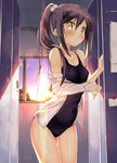  bare_shoulders black_hair blush breasts brown_eyes collarbone commentary_request cowboy_shot dress_shirt hair_between_eyes highres indoors kantoku_(style) kawai long_hair looking_at_viewer medium_breasts one-piece_swimsuit original ponytail school_swimsuit shirt solo swimsuit 