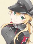  anchor_hair_ornament blonde_hair breasts green_eyes hair_ornament hat iron_cross kantai_collection large_breasts long_hair long_sleeves looking_at_viewer military military_uniform namaenadonai peaked_cap prinz_eugen_(kantai_collection) smile solo twintails uniform upper_body 