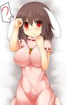  ? alternate_breast_size animal_ears blush breasts brown_hair bunny_ears carrot carrot_necklace dress highres impossible_clothes impossible_dress inaba_tewi jewelry large_breasts md5_mismatch older pendant pink_dress red_eyes short_hair smile solo spoken_question_mark touhou us2s 
