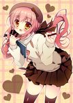  :d brown_eyes hat holding long_hair looking_at_viewer mizuki_yuuma notebook open_mouth original pencil pink_hair smile solo sweater twintails 