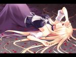  bare_shoulders blonde_hair chisa collarbone cravat detached_sleeves dress halterneck lace letterboxed long_hair lying on_back pandora_(p&amp;d) petals pink_eyes purple_dress puzzle_&amp;_dragons short_sleeves smile solo very_long_hair 
