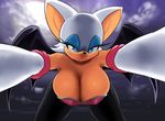  1girl bat_ears blue_eyes breasts cleavage elbow_gloves eyelashes fang furry gloves homura_(haku89) huge_breasts leaning_forward lips rouge_the_bat solo sonic_the_hedgehog 