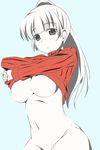  breasts clothes_lift crossed_arms grey_eyes highres large_breasts long_sleeves looking_at_viewer naked_sweater navel nishi_koutarou original ponytail ribbed_sweater solo sweater sweater_lift underboob undressing white_hair 
