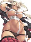  adjusting_hair armpits blonde_hair breasts budget_sarashi cameltoe cape collar commentary_request dark_skin downscaled fingerless_gloves from_below glasses gloves groin hair_between_eyes headgear kantai_collection kinntarou large_breasts long_hair md5_mismatch musashi_(kantai_collection) navel nipples panties panty_pull pleated_skirt pointy_hair red_eyes resized sarashi simple_background skirt skirt_pull smile solo standing two_side_up underwear white_background 