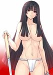  bangs black_hair blunt_bangs breasts cowboy_shot fundoshi hair_censor hime_cut japanese_clothes katagiri_(a1466502) katana large_breasts long_hair looking_at_viewer navel original red_eyes solo sword topless underwear underwear_only very_long_hair weapon 