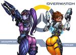  ass back_tattoo bodysuit breasts brown_eyes brown_hair character_name darwin_nunez dual_wielding earrings freckles gun handgun head_mounted_display highres holding jewelry long_hair looking_at_viewer medium_breasts multiple_girls orange_bodysuit overwatch pink_bodysuit pistol ponytail pout purple_hair purple_skin rifle short_hair smile sniper_rifle spider_tattoo tattoo thighs tracer_(overwatch) visor weapon widowmaker_(overwatch) 