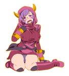  blush boots breasts covered_nipples crying crying_with_eyes_open gloves hood hoodie kagari_(pokemon) large_breasts lavender_hair panties pantyshot pantyshot_(sitting) pokemon pokemon_(game) pokemon_oras purple_eyes purple_panties ribbed_sweater sitting solo sweater tears underwear wariza zaitsu 