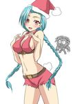  1girl aqua_hair bare_shoulders blue_hair blush braid breasts brown_eyes cleavage fang hairline hat highres jinx_(league_of_legends) league_of_legends long_hair looking_at_viewer navel open_mouth sideboob smile standing tongue twintails very_long_hair 