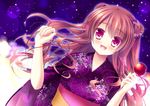  :d brown_hair candy_apple double_bun dutch_angle food hair_ornament japanese_clothes kimono long_hair looking_at_viewer mizuki_yuuma open_mouth original purple_eyes smile solo yukata 