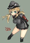  anchor_hair_ornament arms_behind_back blonde_hair blush breasts fbc hair_ornament hat highres kantai_collection large_breasts long_hair long_sleeves looking_at_viewer military military_uniform open_mouth peaked_cap prinz_eugen_(kantai_collection) simple_background skirt smile solo twintails uniform 