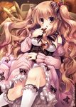  bow breasts brown_eyes brown_hair chestnut_mouth chocolate_bar cleavage detached_sleeves frills hair_bow hair_ribbon holding long_hair looking_at_viewer lying medium_breasts mizuki_yuuma on_back open_mouth original ribbon solo two_side_up 