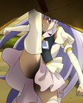  1girl cure_fortune happinesscharge_precure! haruyama_kazunori hikawa_iona kicking long_hair magical_girl oresky ponytail precure purple_eyes purple_hair skirt thighhighs white_legwear 