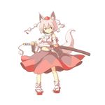  animal_ears detached_sleeves geta hat holding inubashiri_momiji kaminendo katana looking_at_viewer navel pom_pom_(clothes) red_eyes short_hair silver_hair simple_background socks solo sword tail tokin_hat touhou weapon white_background white_legwear wolf_ears wolf_tail 