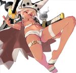 belt beltbra breasts cape creature dark_skin guilty_gear guilty_gear_xrd hat highres kumonji_aruto long_hair looking_down ramlethal_valentine red_eyes short_shorts shorts silver_hair simple_background small_breasts solo sword thigh_strap underboob weapon white_background 