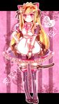  :d animal_ears apron beatmania beatmania_iidx black_legwear blonde_hair bow bowtie breasts character_name cleavage fake_animal_ears frilled_apron frilled_skirt frills garters gloves hair_ornament hairband hairclip hand_on_hip heart leaning_forward long_hair looking_at_viewer maid maid_apron maid_headdress medium_breasts merichi_(ogaomega) open_mouth pink_background polka_dot polka_dot_bow red_eyes semi-transparent short_sleeves skirt slippers smile solo striped striped_background tail the_knee_socks_princess_of_glass thighhighs vertical-striped_background vertical_stripes white_gloves zettai_ryouiki 