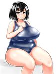  black_hair breasts brown_eyes covered_nipples embarrassed fat fat_folds haguro_(kantai_collection) huge_breasts kantai_collection looking_at_viewer one-piece_swimsuit oozon_(ozon) plump school_swimsuit sitting solo sweat sweatdrop swimsuit thick_thighs thighs weight_conscious wide_hips 