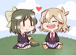  :&gt; :d ange_(angeban93) blue_sky blush brown_hair chopsticks cloud cloudy_sky day eating food grass hair_ornament kohinata_miku lunch lunchbox lydian_academy_uniform multiple_girls necktie obentou open_mouth outdoors ribbon school_uniform senki_zesshou_symphogear short_hair sitting skirt sky smile tachibana_hibiki_(symphogear) yuri 