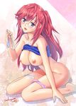  ano_natsu_de_matteru artist_name bangs barefoot blue_eyes blush breasts condom condom_filling cum cum_on_body cum_on_upper_body full_body glasses highres holding large_breasts long_hair nail_polish nipples open_mouth red_hair rimless_eyewear sakagami_umi shirt_lift sitting sleeveless solo sweat takatsuki_ichika used_condom wariza 