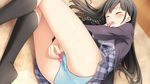  1girl ass black_hair blush braid cameltoe clothed_masturbation eyes_closed game_cg highres kantoku koi_suru_kanojo_no_bukiyou_na_butai legs long_hair lying masturbation nanase_sena on_side open_mouth panties school_uniform skirt socks solo sweat thighs through_clothes underwear vibrator wet 