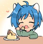  ahoge animal_ears bad_id bad_pixiv_id blue_hair blush cardfight!!_vanguard cat_ears cat_tail chawanmushi_(ebikamaboko) eating food food_on_face heart lowres male_focus open_mouth pudding sendou_aichi solo spoon tail 