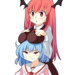  :o anger_vein annoyed bad_id bad_pixiv_id bat_wings blue_hair blush breast_envy breast_rest breasts breasts_on_head brown_dress clenched_teeth demon_girl demon_wings dress head_wings impossible_clothes impossible_vest koakuma large_breasts long_hair long_sleeves multiple_girls no_hat no_headwear oimo_(imoyoukan) open_mouth pink_dress red_eyes red_hair remilia_scarlet teeth touhou very_long_hair wings 