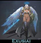  absurdres aion armor bikini_armor blue_eyes boots dark_skin elf gauntlets glowing glowing_eyes hair_over_one_eye halo highres original pauldrons pointy_ears shield smjim1986 solo sword thigh_boots thighhighs warrior weapon white_hair wings 