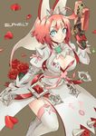  aqua_eyes breasts character_name cleavage cleavage_cutout clover elphelt_valentine flower four-leaf_clover garter_straps gloves guilty_gear guilty_gear_xrd gun highres large_breasts looking_at_viewer nobori_ranzu pink_hair rose short_hair smile solo spikes thighhighs veil weapon white_legwear 