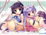  :d animal_ears arm_support babydoll bell black_bra black_hair blue_panties blush bow bra cameltoe cat_ears cat_tail choker colored_stripes copyright_request fang food garter_belt garters green_eyes hair_bow hair_intakes hair_ornament hairclip highres looking_at_viewer looking_back lying macaron multiple_girls no_panties off_shoulder open_mouth panties purple_hair red_eyes ribbon_choker side-tie_panties smile strap_slip striped striped_legwear tail thighhighs twintails underwear white_legwear yukie_(peach_candy) 