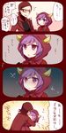  1girl comic glasses highres hoshihuri hug kagari_(pokemon) matsubusa_(pokemon) pokemon pokemon_(game) pokemon_oras purple_eyes purple_hair red_hair tears translation_request 