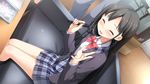  1girl black_hair blush box braid breasts couch eyes_closed game_cg happy highres kantoku koi_suru_kanojo_no_bukiyou_na_butai legs long_hair nanase_sena open_mouth school_uniform sitting skirt small_breasts smile sofa standing table thighs wooden_floor 