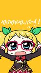  aikatsu! aikatsu!_(series) blonde_hair blue_eyes chan_co chibi dream_academy_uniform glasses hair_ribbon open_mouth red-framed_eyewear ribbon saegusa_kii school_uniform short_hair solo translation_request twintails yellow_background 