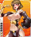  1girl areolae bare_shoulders blush breasts breasts_outside brown_hair cameltoe cyborg eyepatch florence_freeman large_breasts navel ninja nipples open_mouth panties purple_eyes saliva solo standing sweat taimanin_asagi taimanin_asagi_battle_arena tongue tongue_out torn_clothes underwear zol 