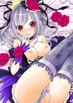  ass bare_shoulders blush breasts breasts_outside dress dress_tug flower hair_flower hair_ornament idolmaster idolmaster_cinderella_girls kanzaki_ranko long_hair lying medium_breasts nipples on_back panties pussy_juice pussy_juice_stain pussy_juice_trail red_eyes ribbon rose sakura_hanatsumi silver_hair smile solo sweat thighhighs twintails underwear vibrator wet wet_clothes wet_panties 
