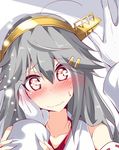  admiral_(kantai_collection) bare_shoulders blush commentary_request hair_ornament hairband hairclip hand_on_another's_face haruna_(kantai_collection) kantai_collection long_hair natsu_(anta_tte_hitoha) nontraditional_miko red_eyes solo_focus upper_body wavy_mouth 