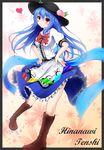  black_border blue_hair blue_skirt boots border bow character_name food fruit hands_on_hips hat heart highres hinanawi_tenshi long_hair peach red_eyes short_sleeves skirt smirk solo touhou yellow_eyes ymd_(holudoun) 