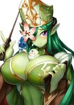  animal armadel_(p&amp;d) bird blush breasts cleavage covered_nipples creature flower flower_eyepatch green green_hair green_skin hair_over_one_eye hat holding huge_breasts ion_(cation) long_hair plant_girl pointy_ears purple_eyes puzzle_&amp;_dragons simple_background smile solo white_background 