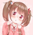  bad_id bad_pixiv_id bangs blush bow brown_hair bunny_hair_ornament buttons cardigan close-up face hair_bow hair_ornament heart heart-shaped_pupils highres holding holding_hair long_hair long_sleeves looking_at_viewer original pink_background red_eyes ribbon rima_(rimarip) solo star starry_background symbol-shaped_pupils twintails upper_body 